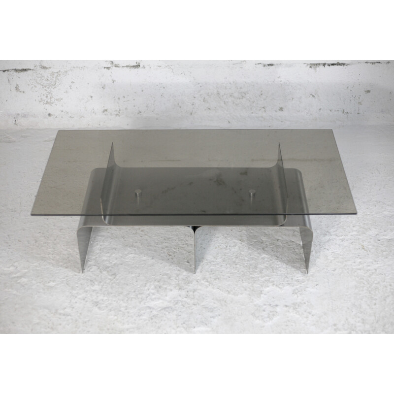 Vintage coffee table in steel and smoked glass by François Monnet for Kappa, France 1970s