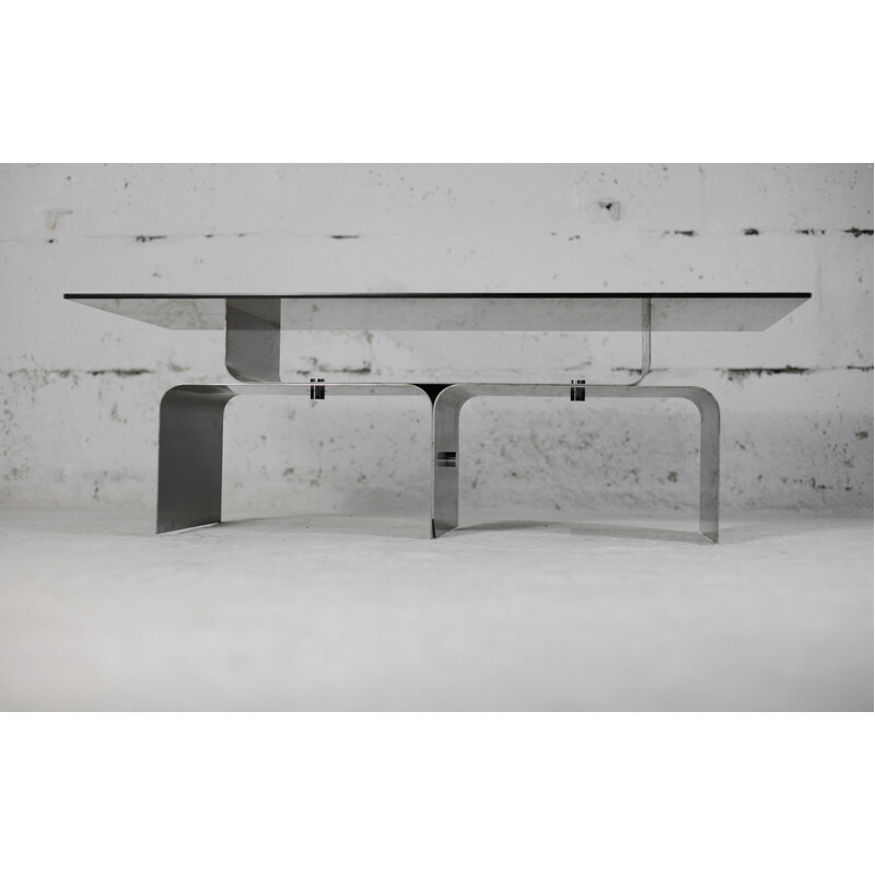 Mesa de café em aço vintage e vidro fumado por François Monnet para Kappa, França 1970