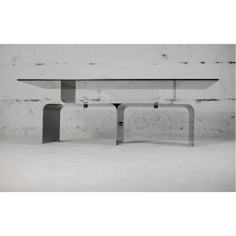 Vintage coffee table in steel and smoked glass by François Monnet for Kappa, France 1970s