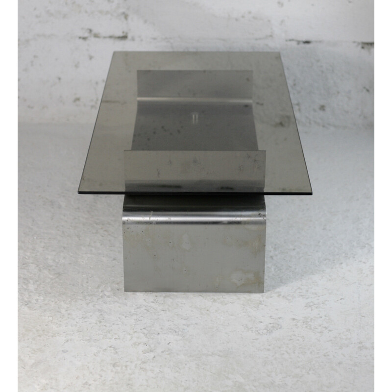 Vintage coffee table in steel and smoked glass by François Monnet for Kappa, France 1970s