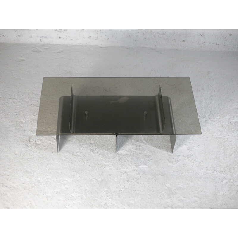 Vintage coffee table in steel and smoked glass by François Monnet for Kappa, France 1970s