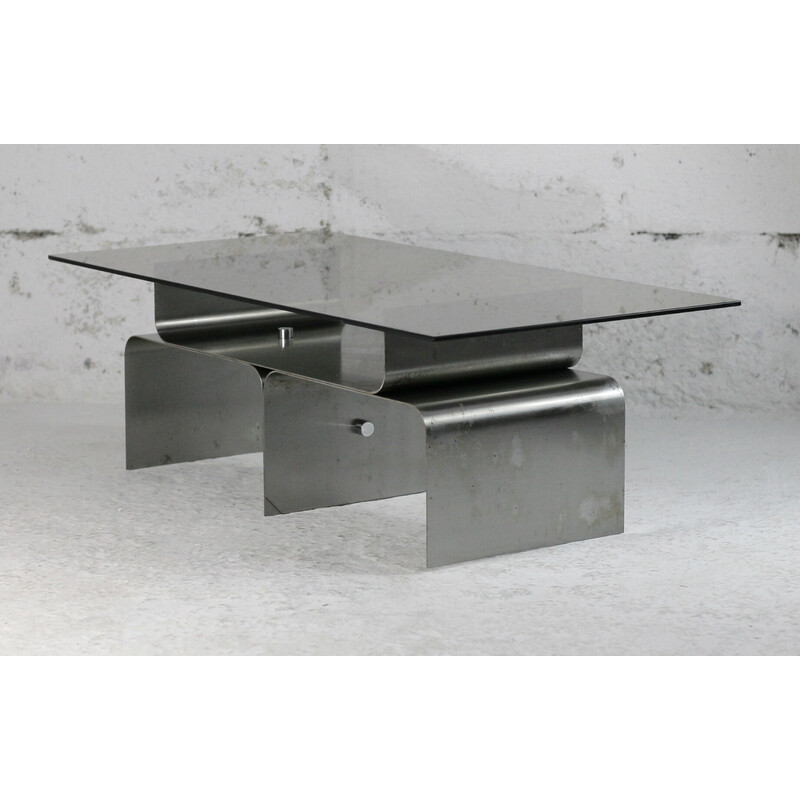 Vintage coffee table in steel and smoked glass by François Monnet for Kappa, France 1970s