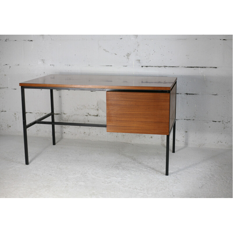 Vintage desk in black lacquered steel and wood by Pierre Guariche, France 1955s