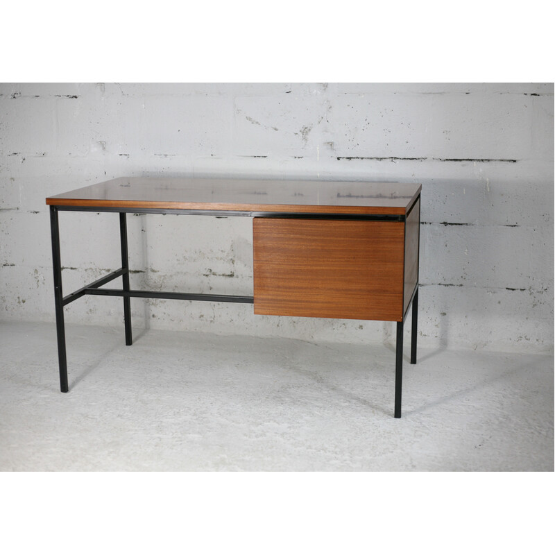 Vintage-Schreibtisch aus schwarz lackiertem Stahl und Holz von Pierre Guariche, Frankreich 1955