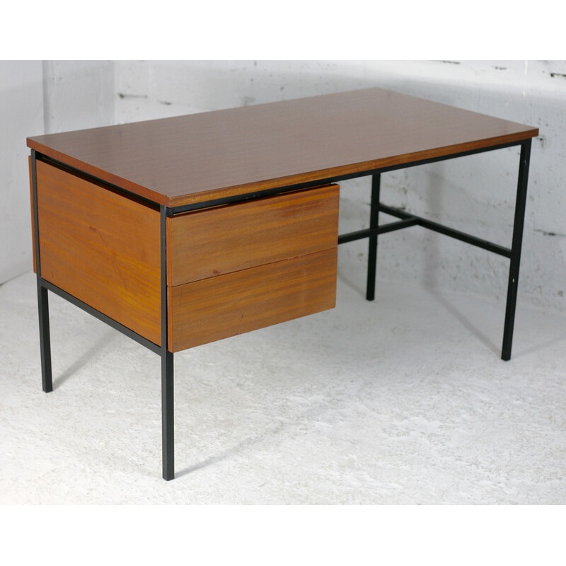 Vintage desk in black lacquered steel and wood by Pierre Guariche, France 1955s