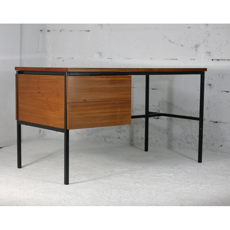 Vintage desk in black lacquered steel and wood by Pierre Guariche, France 1955s