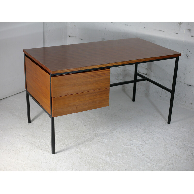 Vintage desk in black lacquered steel and wood by Pierre Guariche, France 1955s