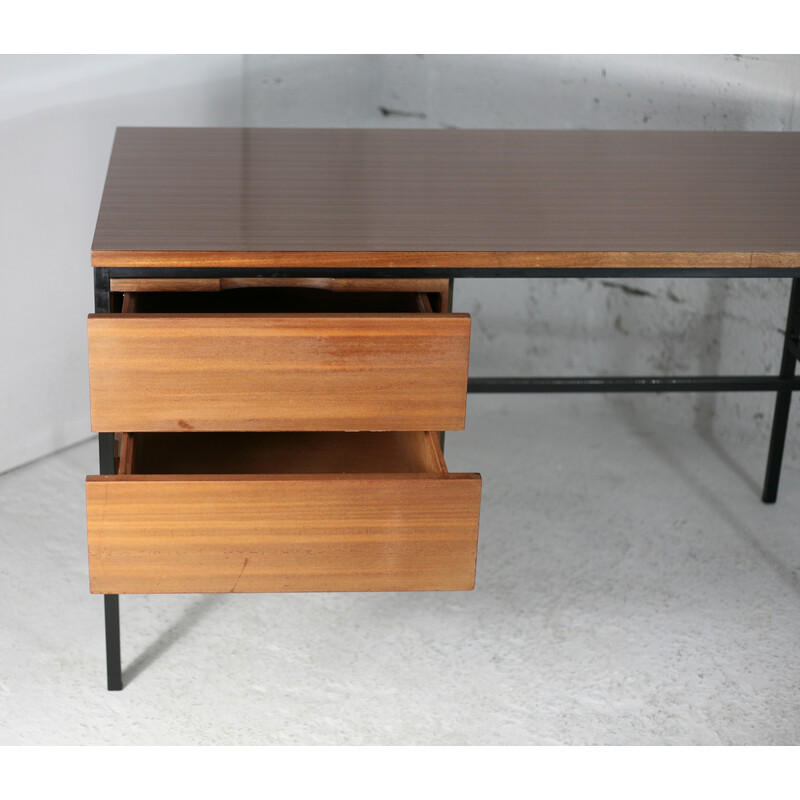 Bureau vintage en acier laqué noir et bois par Pierre Guariche, France 1955