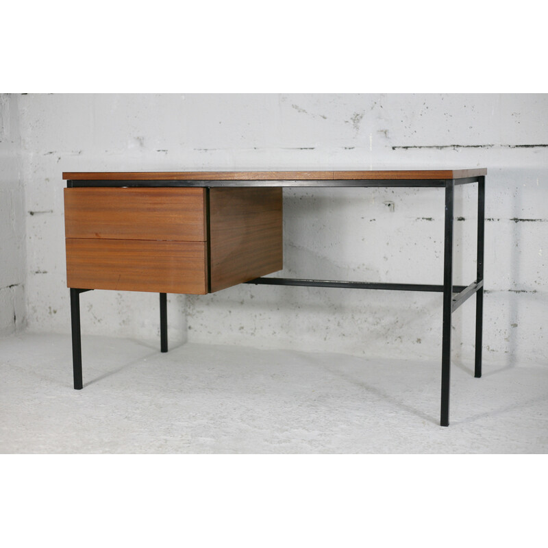 Vintage bureau in zwart gelakt staal en hout van Pierre Guariche, Frankrijk 1955