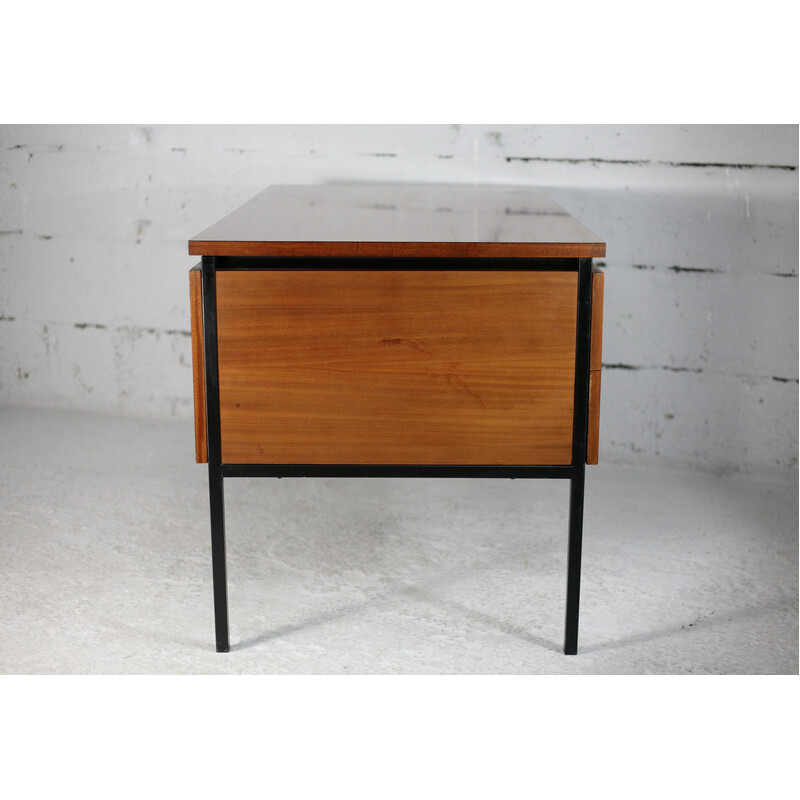 Vintage bureau in zwart gelakt staal en hout van Pierre Guariche, Frankrijk 1955