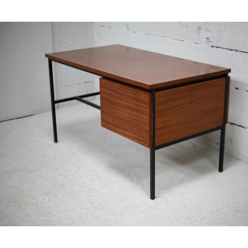 Vintage desk in black lacquered steel and wood by Pierre Guariche, France 1955s