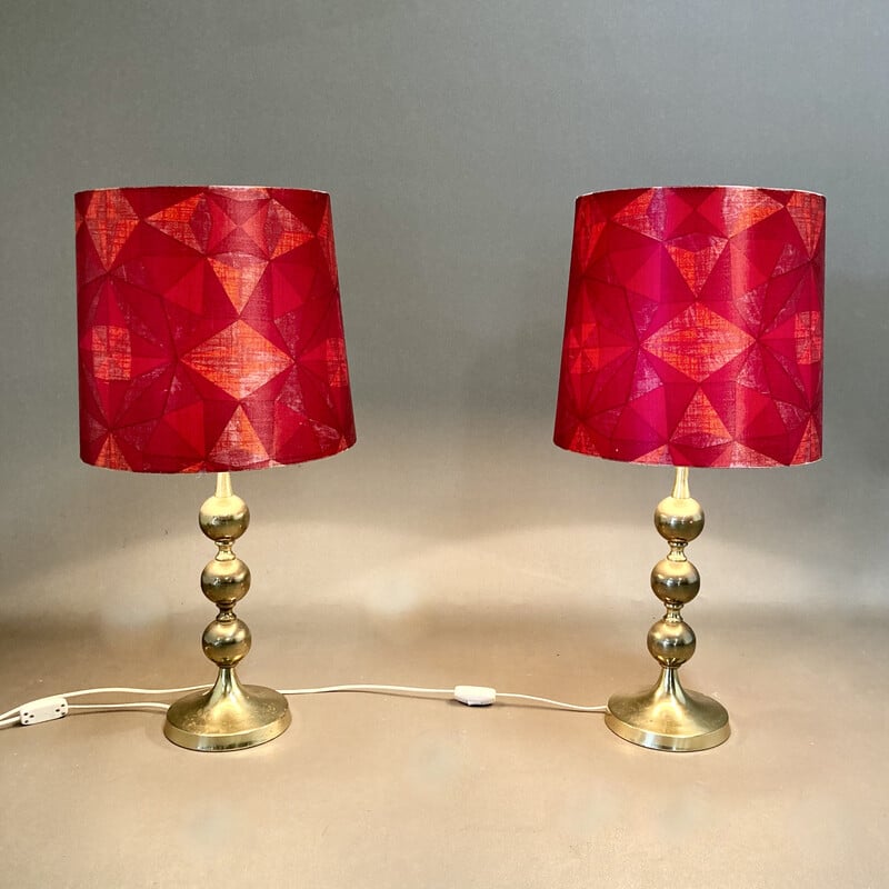 Pair of vintage Scandinavian metal and silk lamps, 1950s