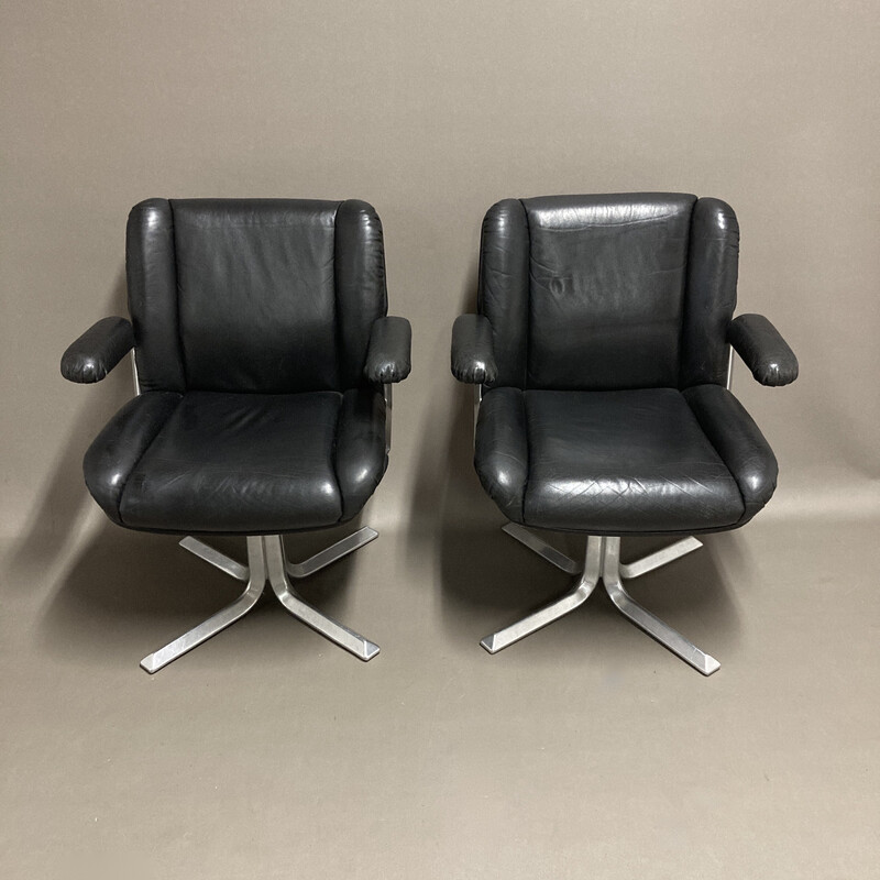 Fauteuil vintage pivotant en cuir noir et aluminium, 1960