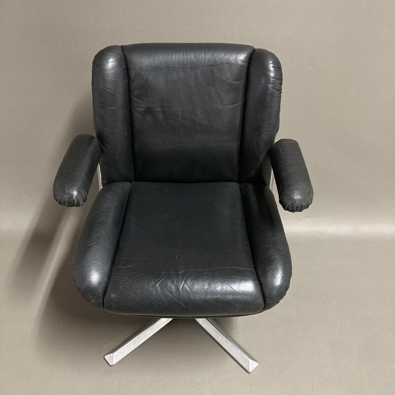 Vintage swivel armchair in black leather and aluminum, 1960s