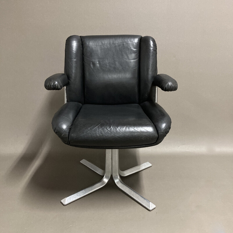 Fauteuil vintage pivotant en cuir noir et aluminium, 1960