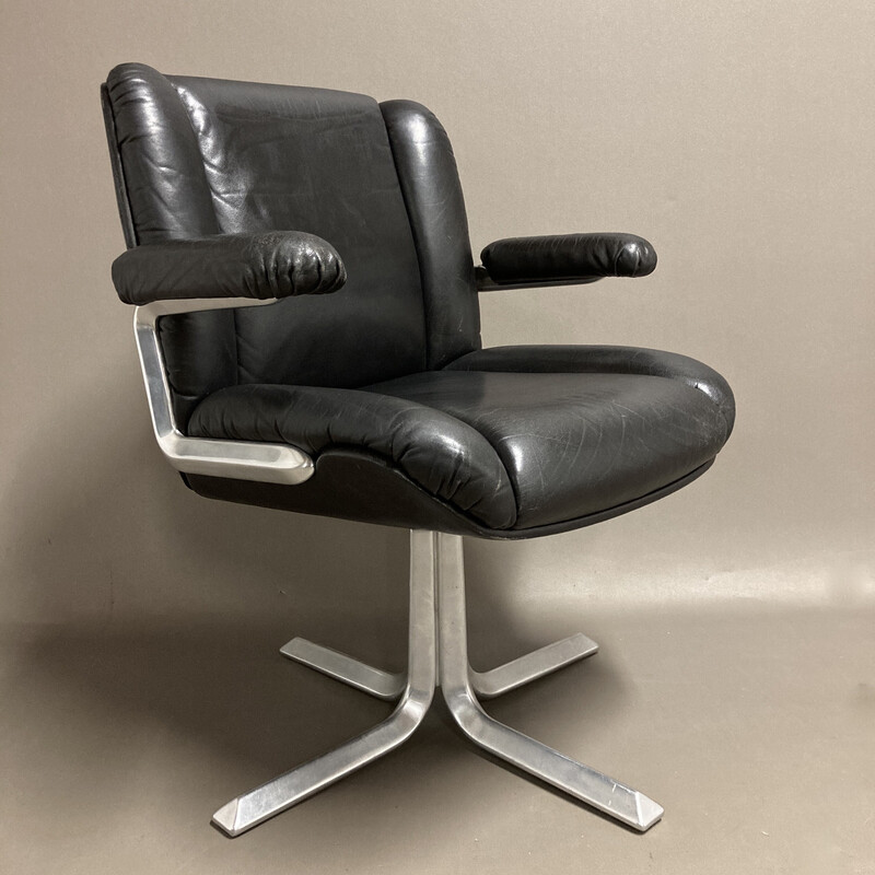 Vintage swivel armchair in black leather and aluminum, 1960s