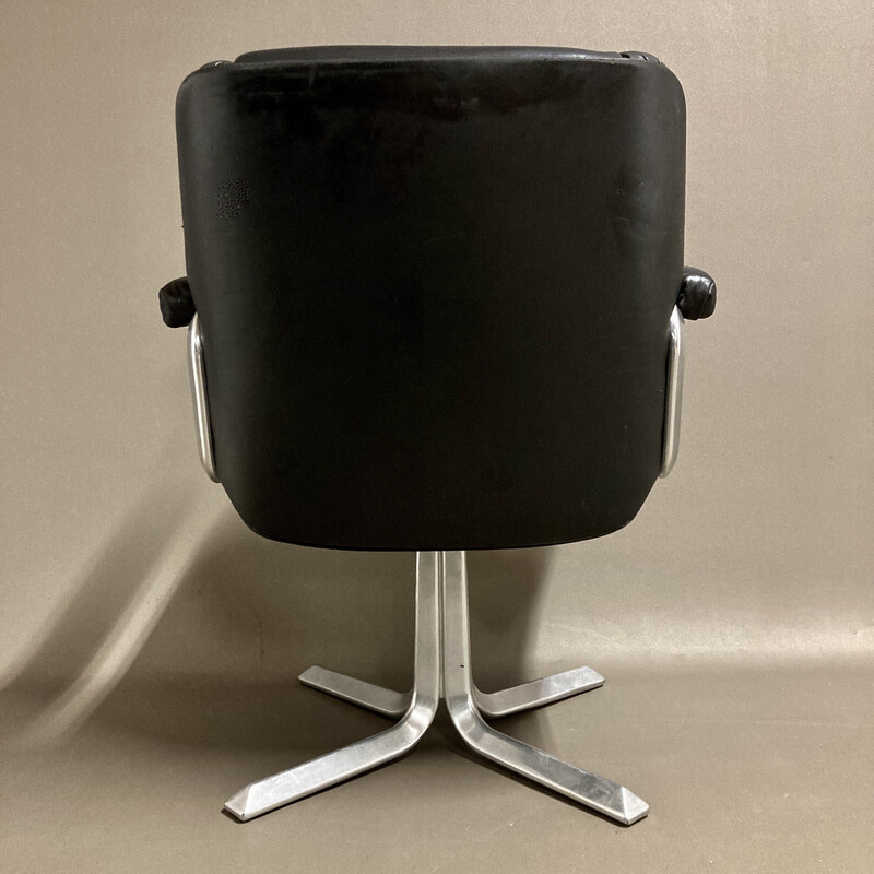 Vintage swivel armchair in black leather and aluminum, 1960s