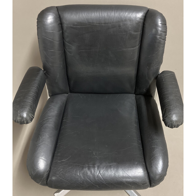 Vintage swivel armchair in black leather and aluminum, 1960s