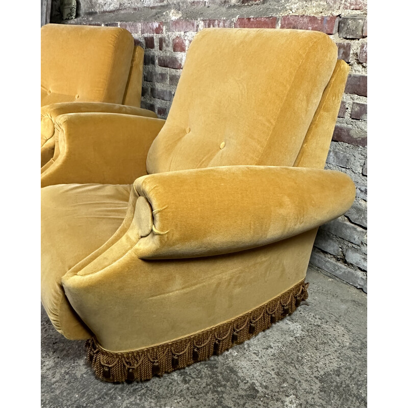 Pair of vintage yellow velvet armchairs, 1950-1960