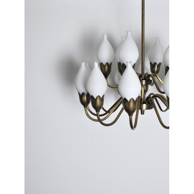 Vintage 18-arm brass and opaline glass chandelier by Ansgar Fog and Erik Mørup, Denmark