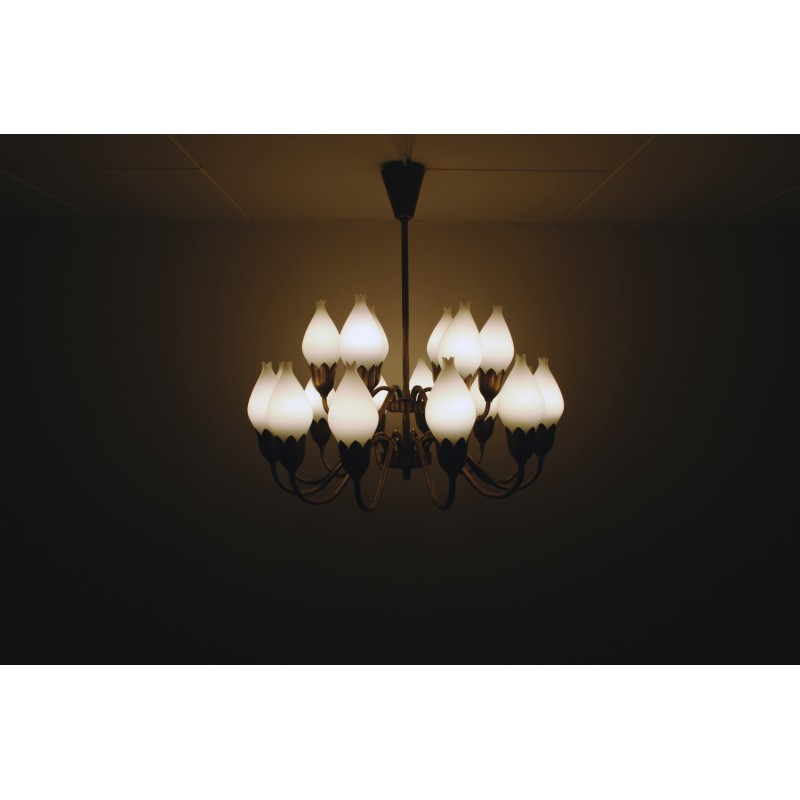 Vintage 18-arm brass and opaline glass chandelier by Ansgar Fog and Erik Mørup, Denmark