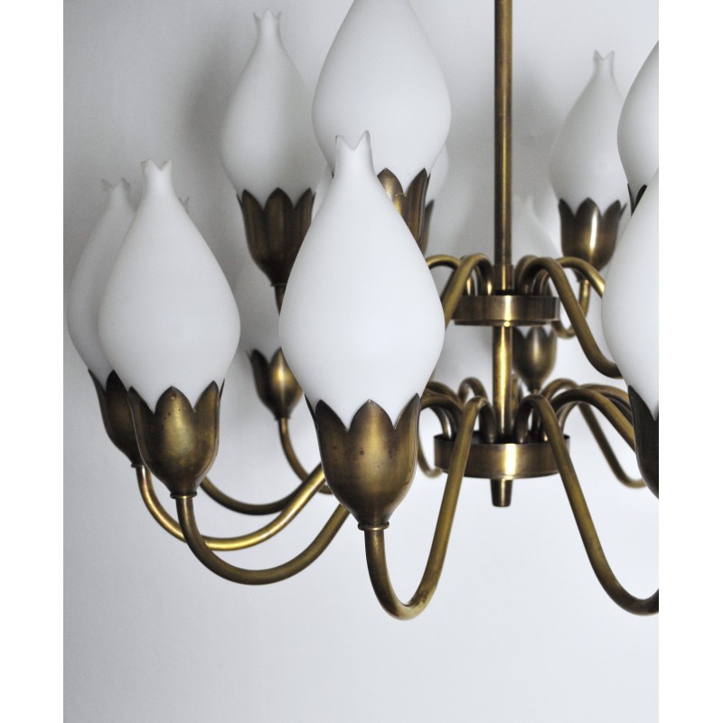 Vintage 18-arm brass and opaline glass chandelier by Ansgar Fog and Erik Mørup, Denmark