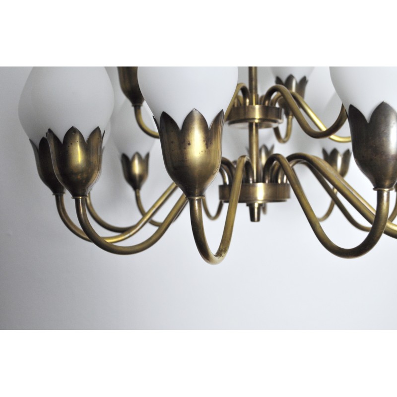 Vintage 18-arm brass and opaline glass chandelier by Ansgar Fog and Erik Mørup, Denmark