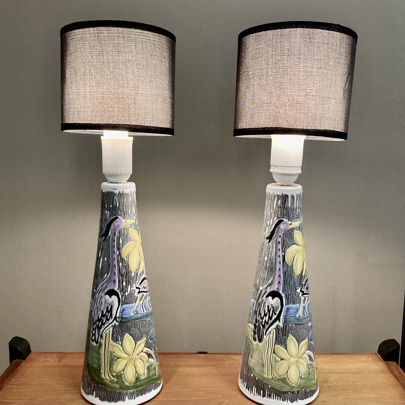 Pair of vintage scandinavian ceramic and fabric lamps, 1960s
