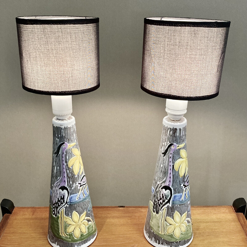 Paire de lampes vintage scandinave en céramique et tissu, 1960
