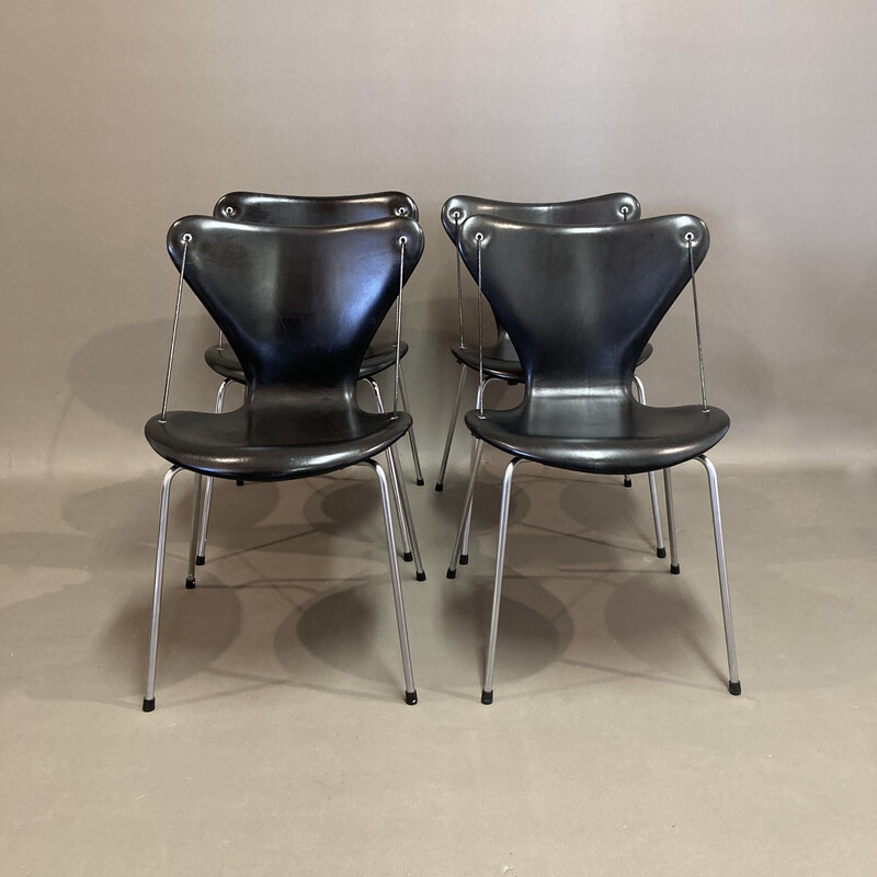 Set of 4 vintage leather and metal chairs by Arne Jacobsen for Fritz Hansen, 1960s