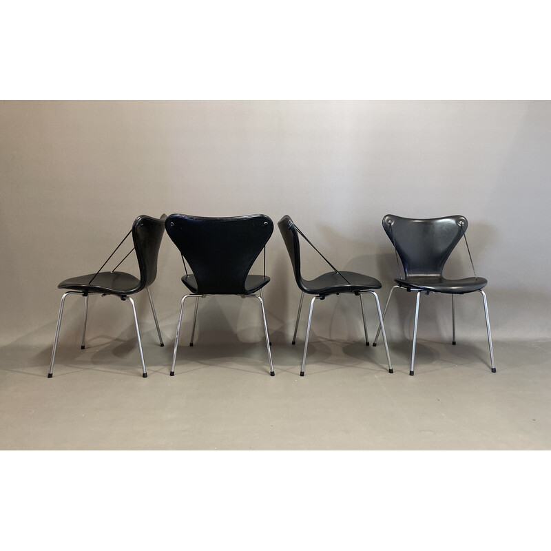 Set of 4 vintage leather and metal chairs by Arne Jacobsen for Fritz Hansen, 1960s