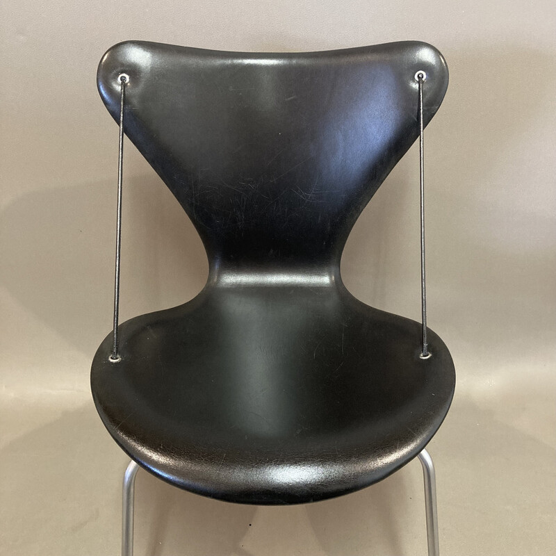Set of 4 vintage leather and metal chairs by Arne Jacobsen for Fritz Hansen, 1960s