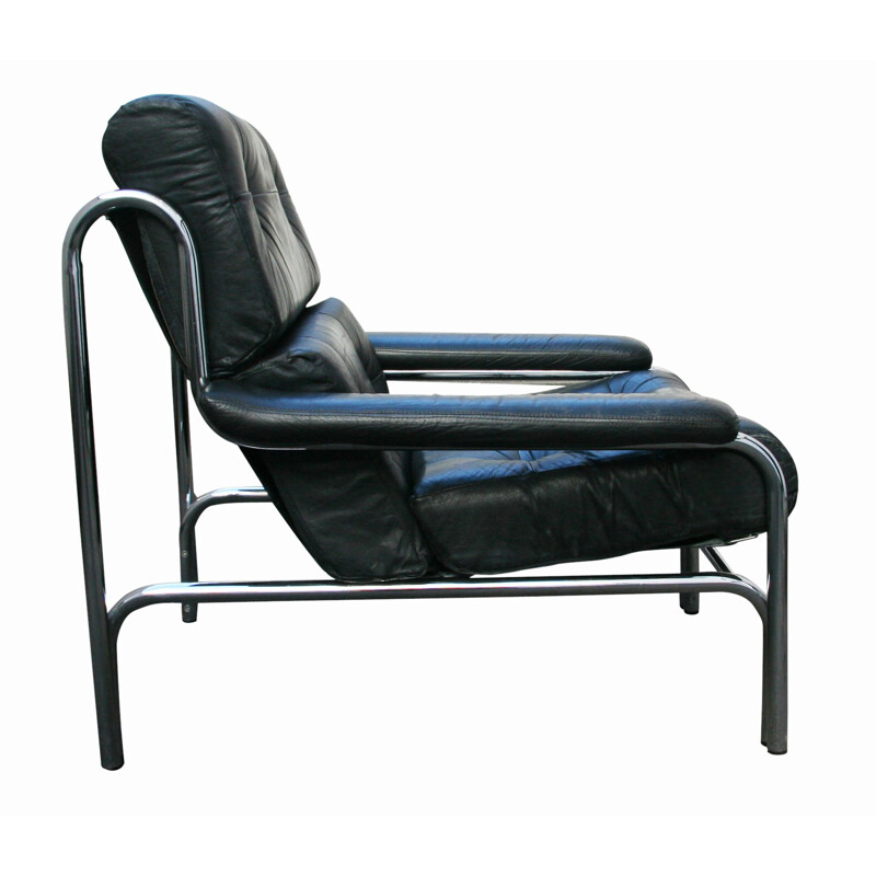 Black armchair in leather and stainless steel by Tim BATES for PIEFF - 1970s