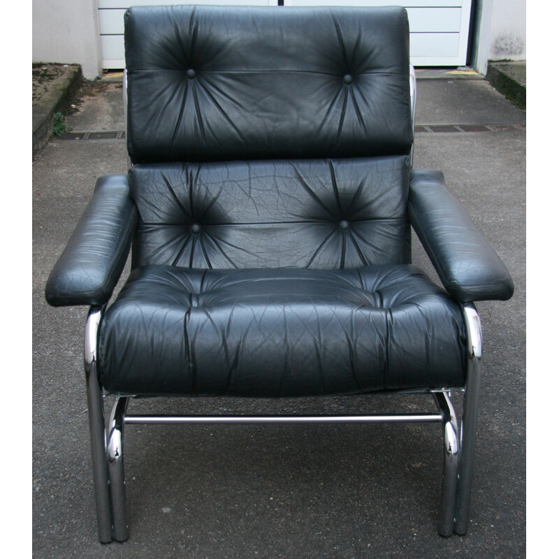 Black armchair in leather and stainless steel by Tim BATES for PIEFF - 1970s