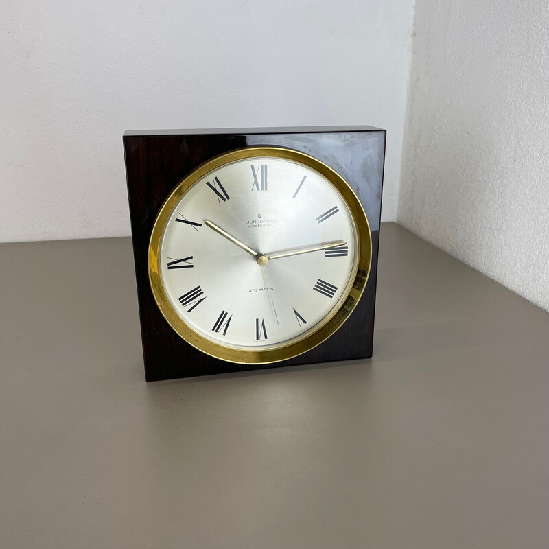Relógio de parede de madeira e latão Vintage para Junghans, Alemanha 1970