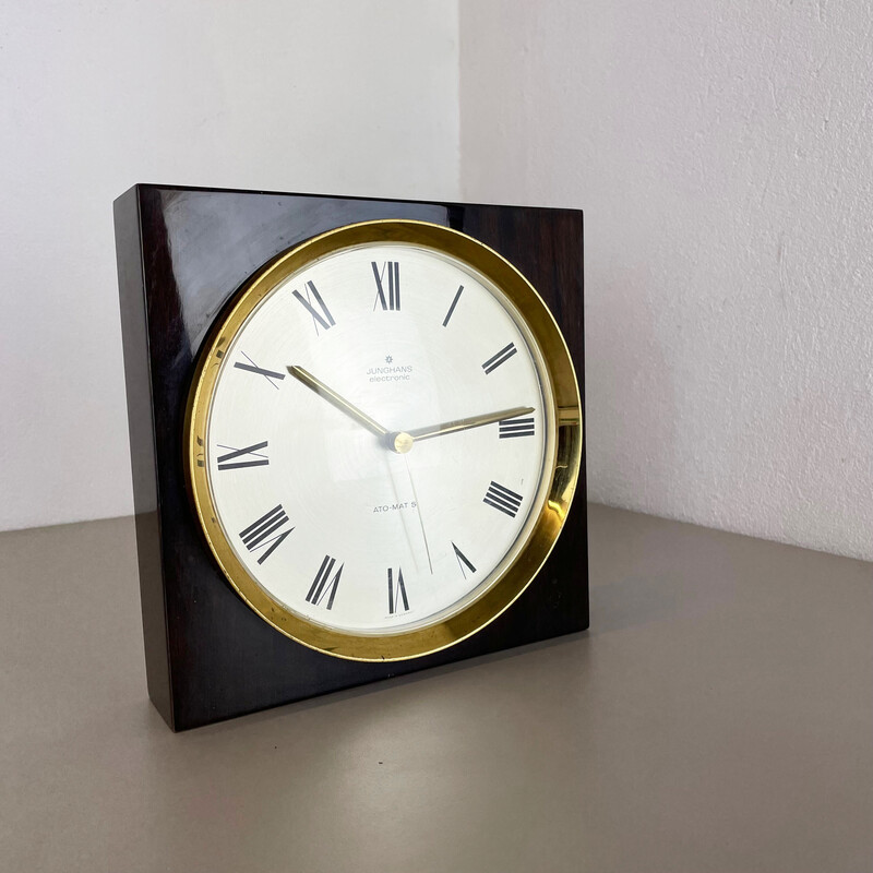 Relógio de parede de madeira e latão Vintage para Junghans, Alemanha 1970