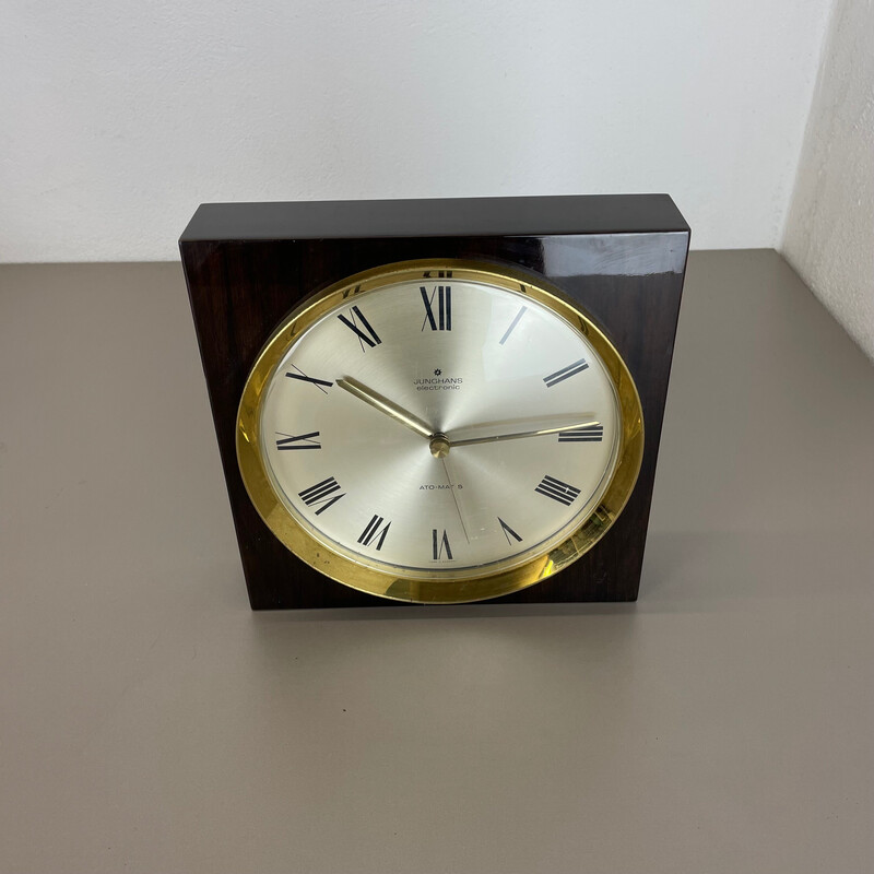 Reloj de pared vintage de madera y latón para Junghans, Alemania años 70