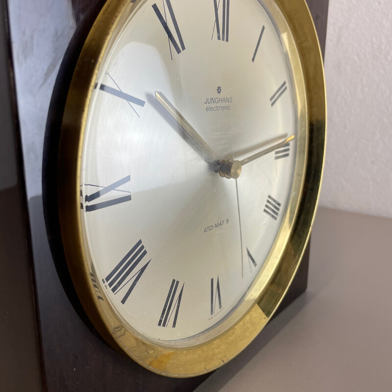 Vintage wood and brass wall clock for Junghans, Germany 1970s