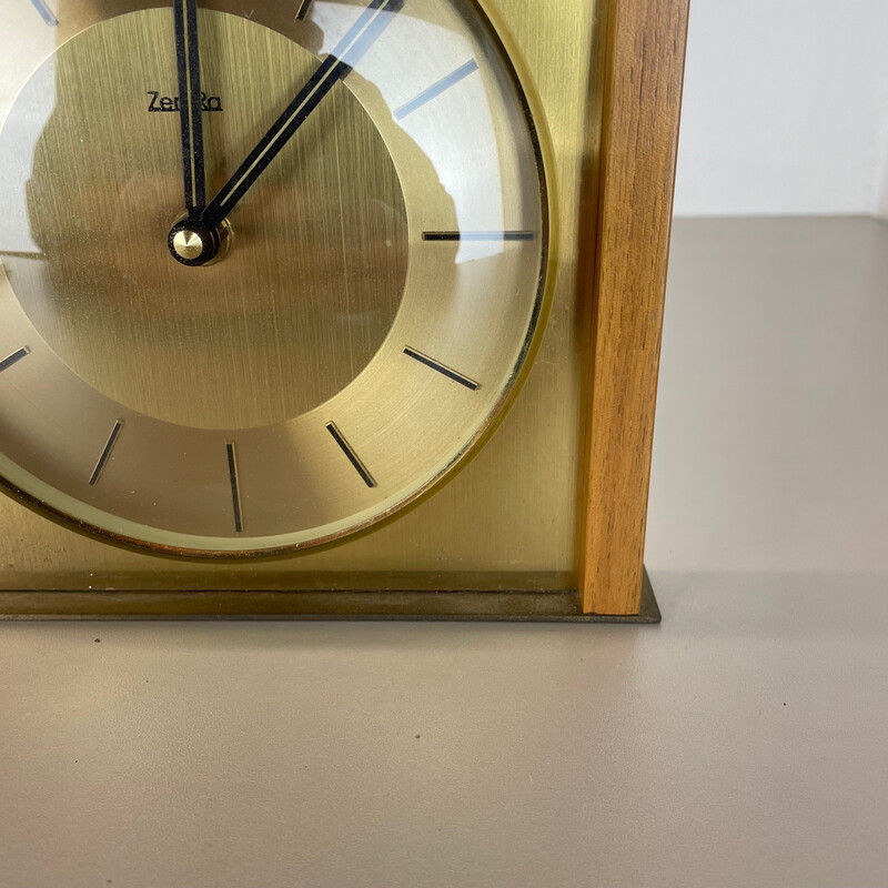 Reloj de sobremesa vintage de madera y latón para Zentra, Alemania años 70