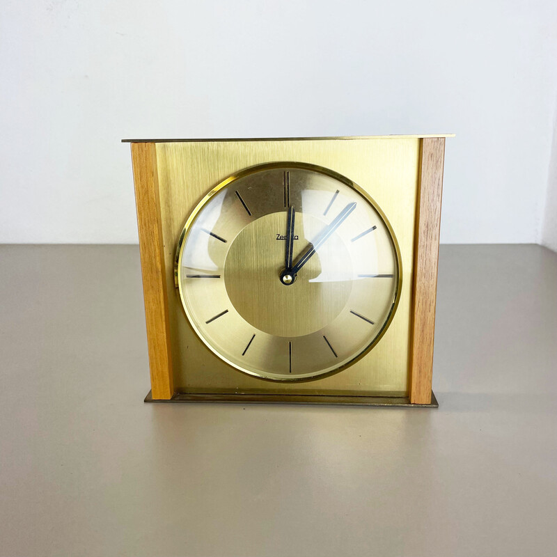 Reloj de sobremesa vintage de madera y latón para Zentra, Alemania años 70