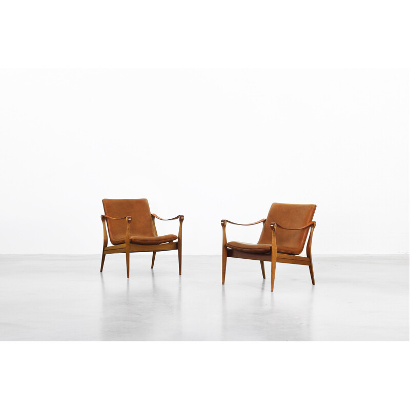 Paire de fauteuils lounges "Safari" en cuir et en frêne de Ebbe & Karen Clemmensen pour Fritz Hansen - 1960 