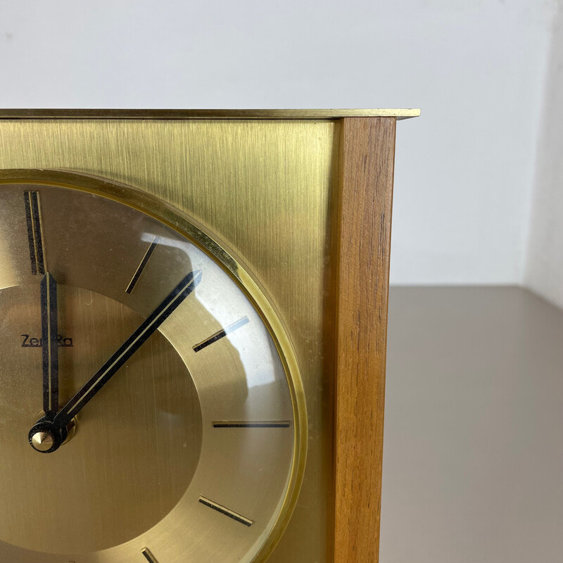 Reloj de sobremesa vintage de madera y latón para Zentra, Alemania años 70