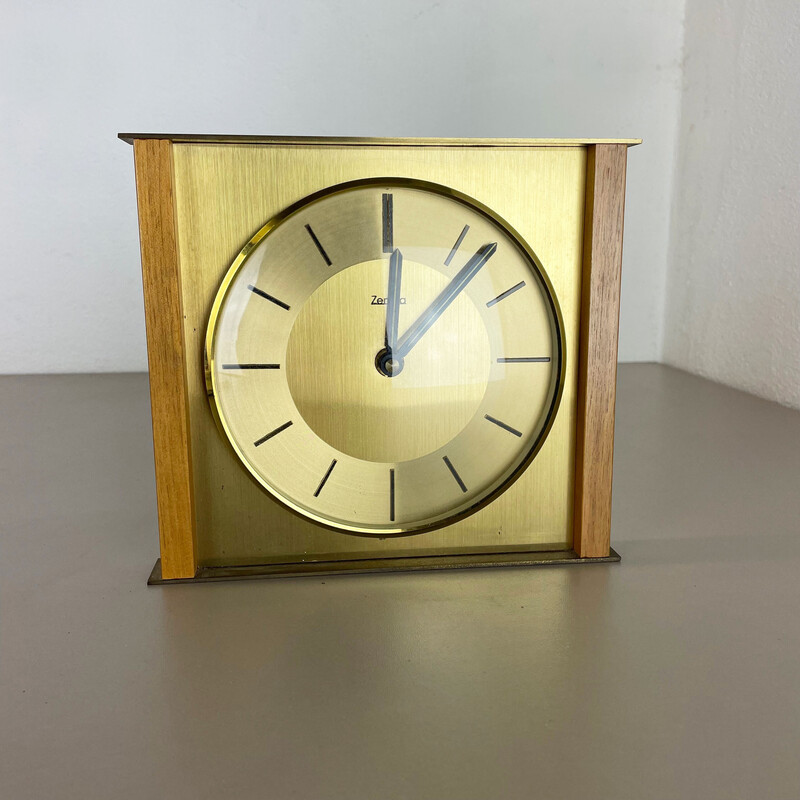 Relógio de mesa Vintage de madeira e latão para Zentra, Alemanha 1970