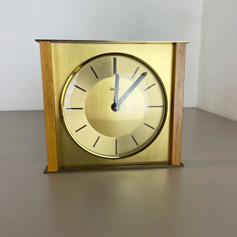 Vintage wood and brass table clock for Zentra, Germany 1970s