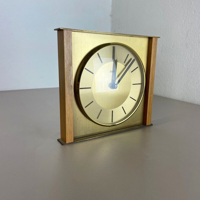 Reloj de sobremesa vintage de madera y latón para Zentra, Alemania años 70