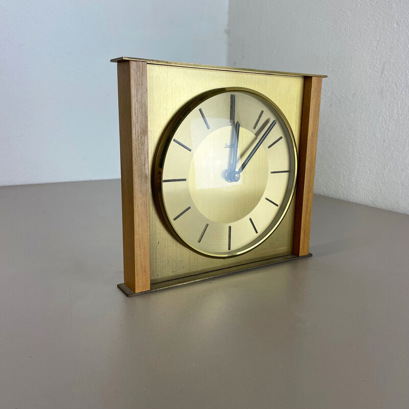 Relógio de mesa Vintage de madeira e latão para Zentra, Alemanha 1970