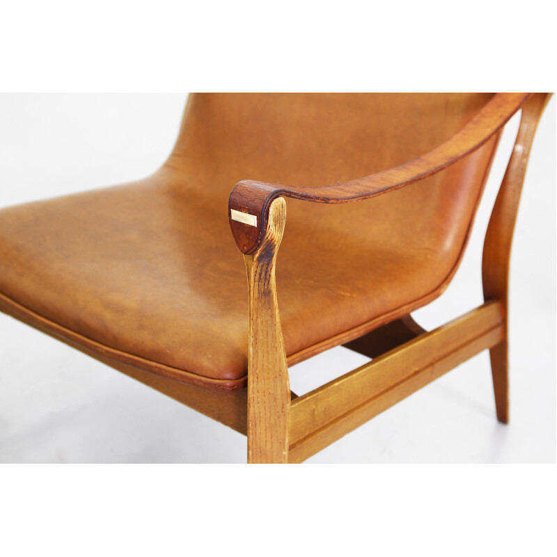 Pair of Safari lounge chairs in leather and ashwood by Ebbe & Karen Clemmensen for Fritz Hansen - 1960s
