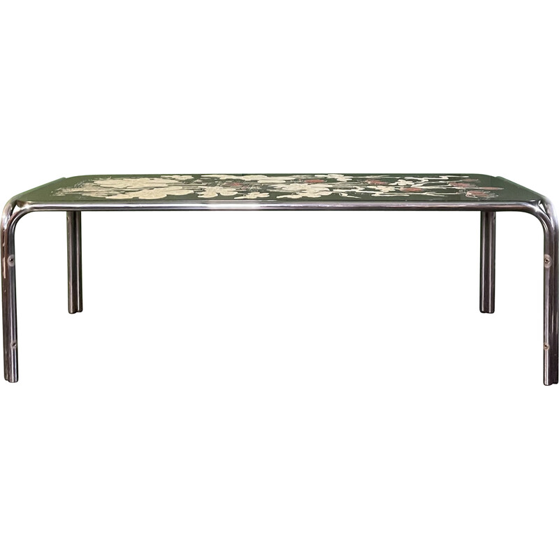 Vintage tubular chrome coffee table with embossed floral patterned top, 1970s