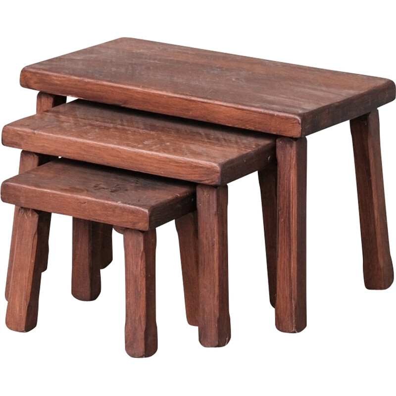 Mid-century dark oakwood nesting tables, Belgium 1970s