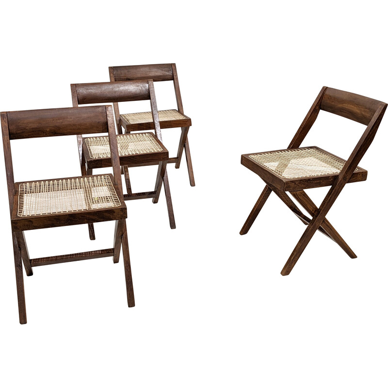 Juego de 4 sillas de teca y caña "Library" de Pierre Jeanneret, India 1960